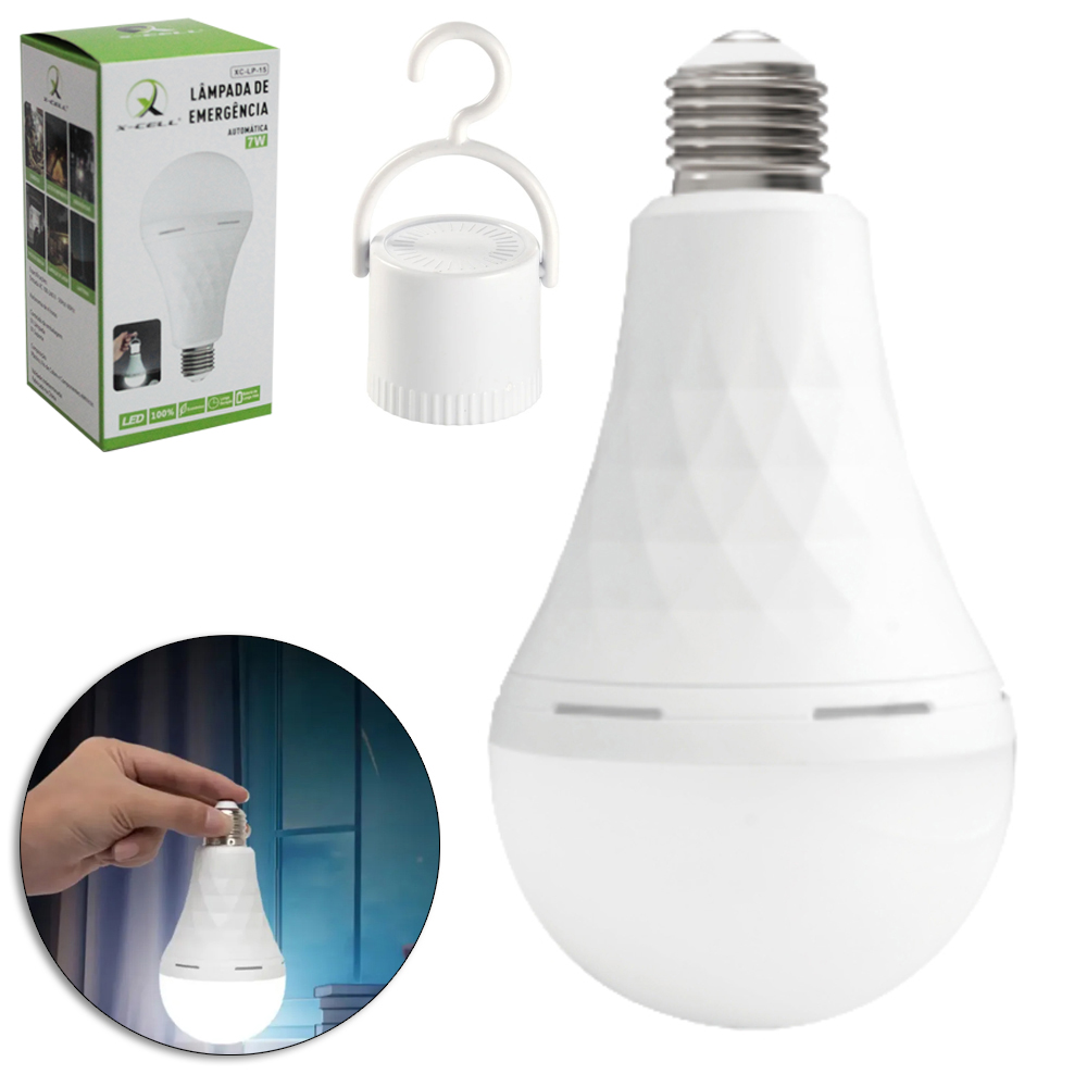 LAMPADA DE EMERGENCIA AUTOMATICA BULBO DE LED 7W BRANCA FRIA RECARREGAVEL COM GANCHO BIVOLT E27 X-CELL 