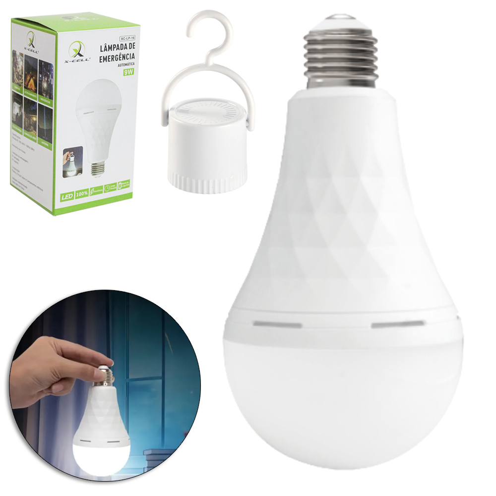 LAMPADA DE EMERGENCIA AUTOMATICA BULBO DE LED 9W BRANCA FRIA RECARREGAVEL COM GANCHO BIVOLT E27 X-CELL