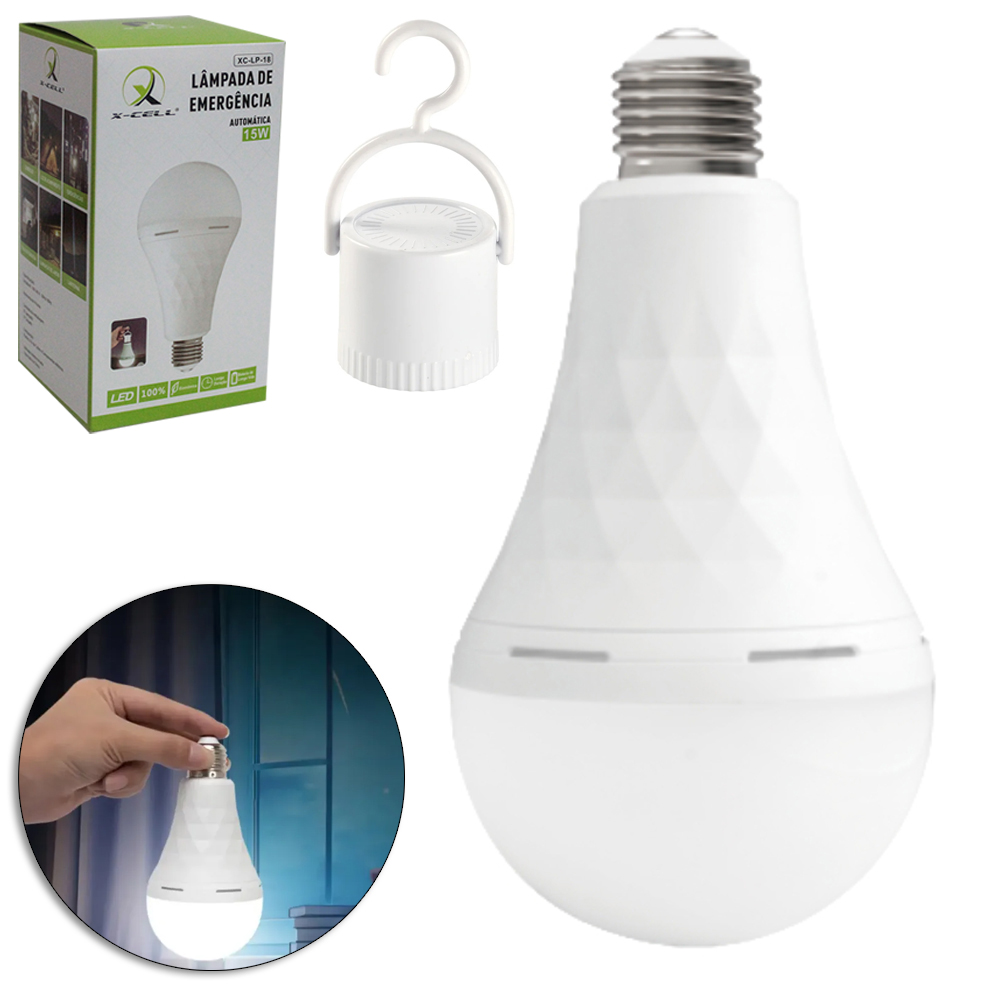 LAMPADA DE EMERGENCIA AUTOMATICA BULBO DE LED 15W BRANCA FRIA RECARREGAVEL COM GANCHO BIVOLT E27 X-CELL