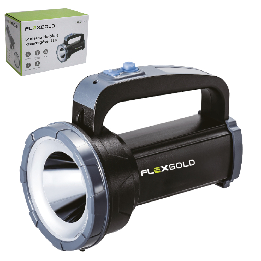 LANTERNA HOLOFOTE RECARREGAVEL BIVOLT FLEXGOLD COM 1 LED + ALCA E CARREGADOR