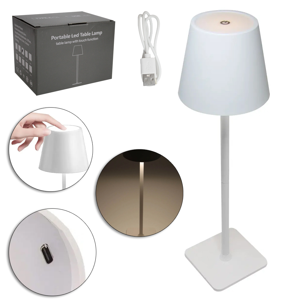 ABAJUR LUMINARIA DE MESA DE METAL RECARREGAVEL COM 48 LEDS + SENSOR TOUCH E CABO USB 37,5X9,5CM