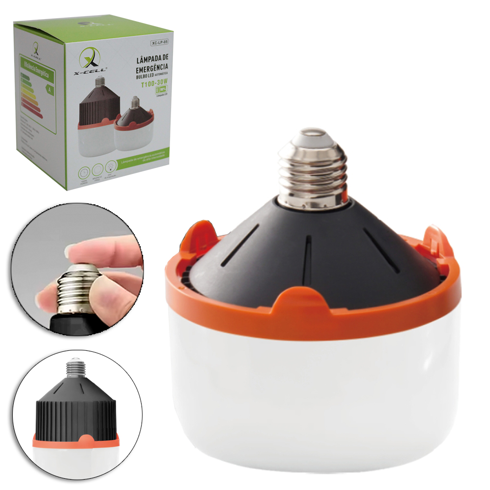 LAMPADA DE EMERGENCIA RETRATIL AUTOMATICA BULBO DE LED T70-9W BRANCA FRIA RECARREGAVEL BIVOLT E27 X-CELL