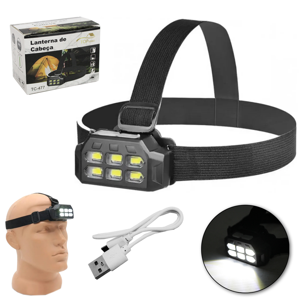 LANTERNA DE CABECA RECARREGAVEL TOP CASA COM 6 LEDS + ALCA ELASTICA E CABO USB