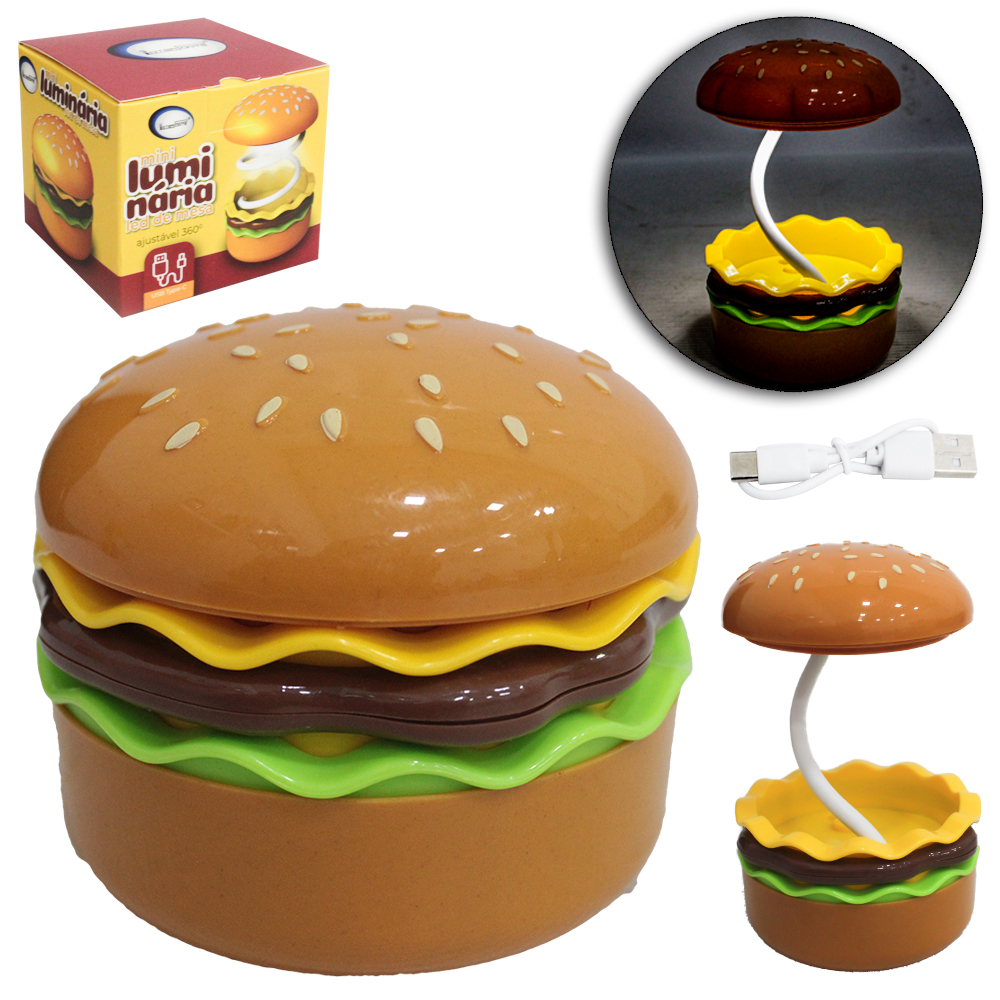 LUMINARIA DE MESA FLEXIVEL RECARREGAVEL 8 LEDS HAMBURGUER + CABO USB