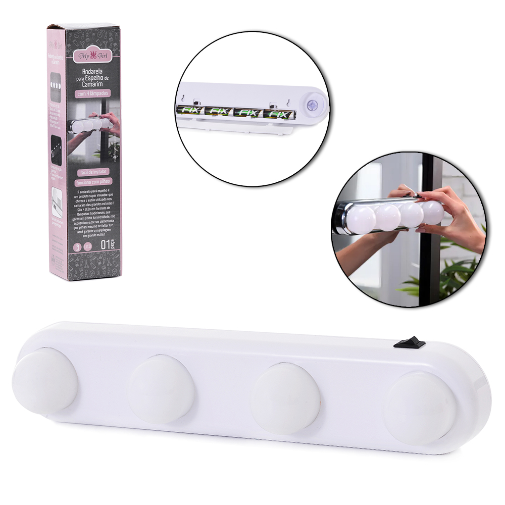 LUMINARIA / LUZ DE LED ARANDELA PARA ESPELHO DE CAMARIM PORTATIL COM 4 LAMPADAS + VENTOSA A PILHA 30,5X7X6CM