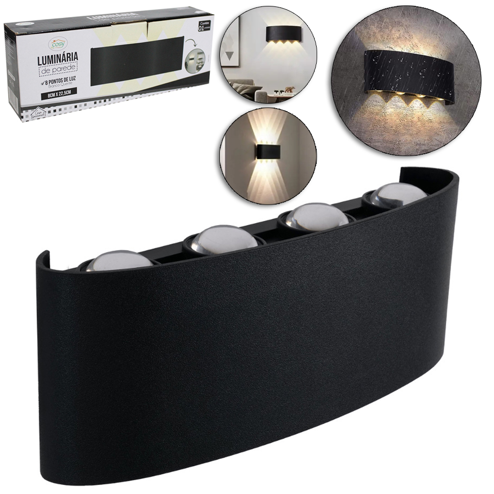 LUMINARIA DE PAREDE COM 8 PONTOS DE LUZ DE LED BRANCO QUENTE 8W BIVOLT 22,5X8CM