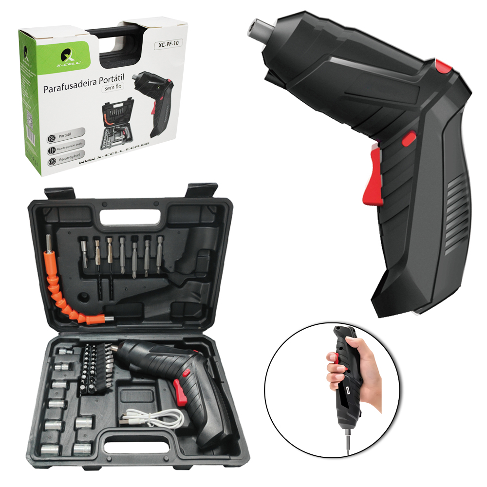 MINI PARAFUSADEIRA RECARREGAVEL BIVOLT COM LED + CABO EXTENSOR FLEXIVEL E ACESSORIOS X-CELL 48 PECAS NA MALETA