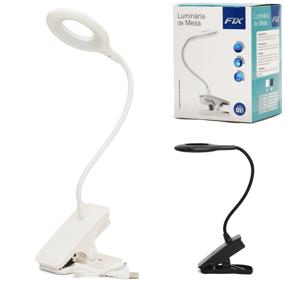 LUMINARIA DE MESA FLEXIVEL A PILHA / USB COM SENSOR TOUCH + 14 LEDS E BASE PRESILHA DE PLASTICO