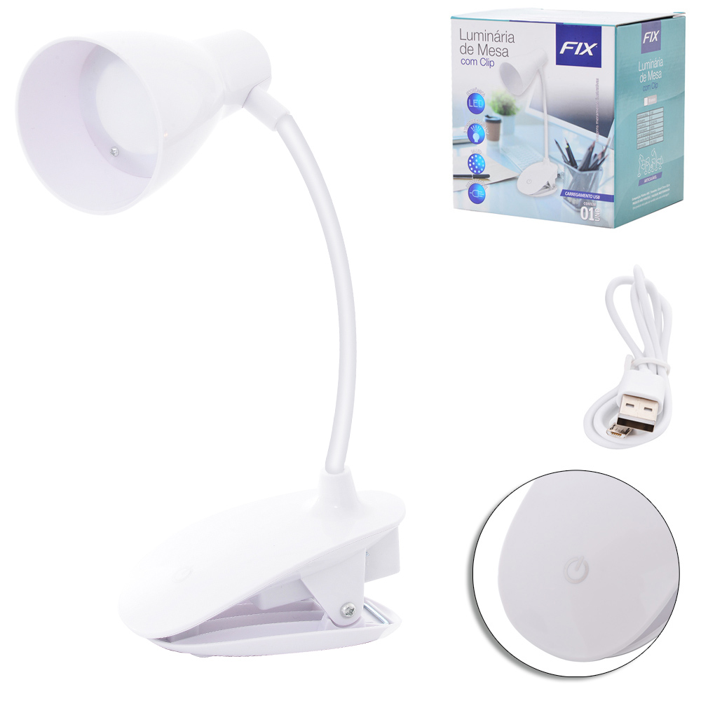 LUMINARIA DE MESA FLEXIVEL A PILHA / USB COM SENSOR TOUCH + 14 LEDS E BASE PRESILHA DE PLASTICO