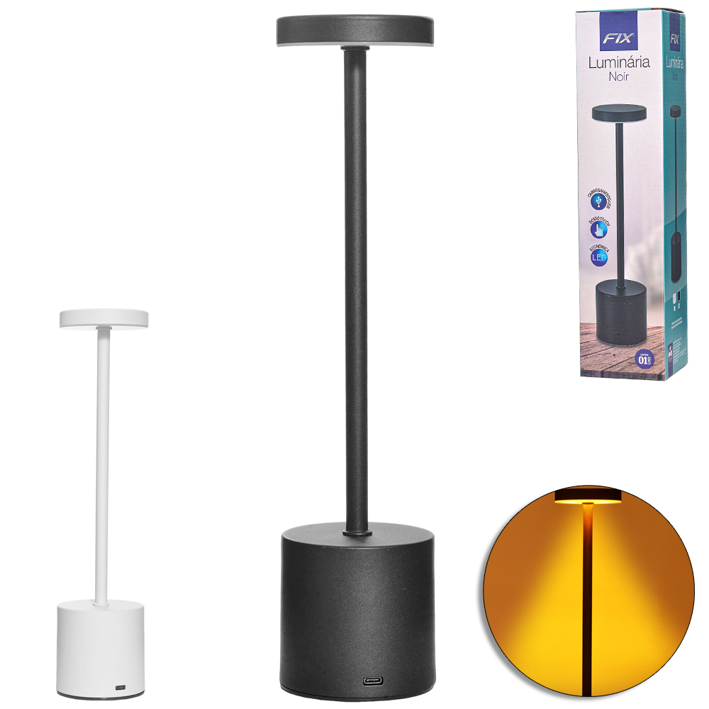 ABAJUR LUMINARIA DE MESA DE METAL NOIR RECARREGAVEL 24 LEDS + SENSOR TOUCH E CABO USB 34,5X8CM DE Ø
