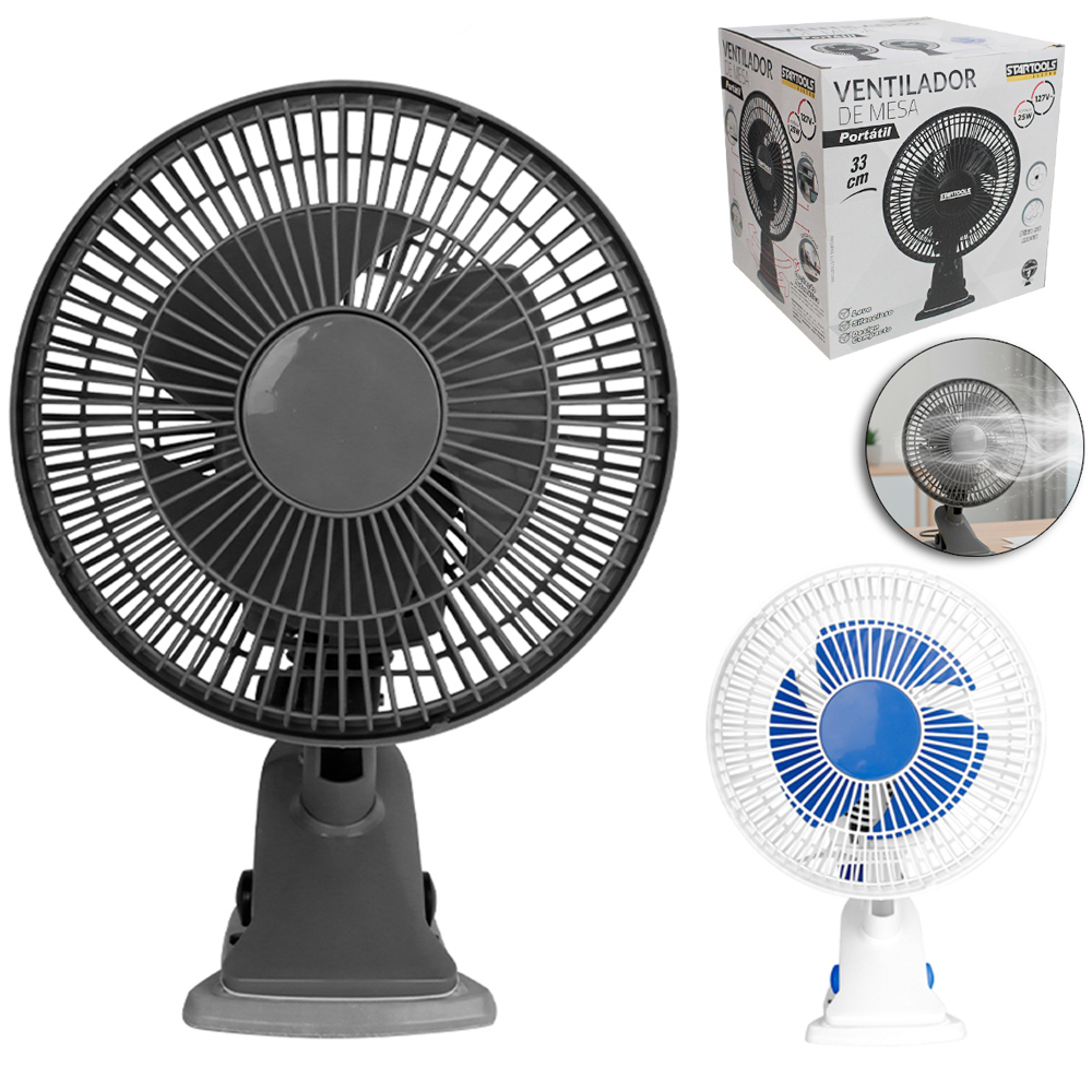 VENTILADOR DE MESA PORTATIL 127V 25W COM BASE PRESILHA DE PLASTICO 33X22X20CM