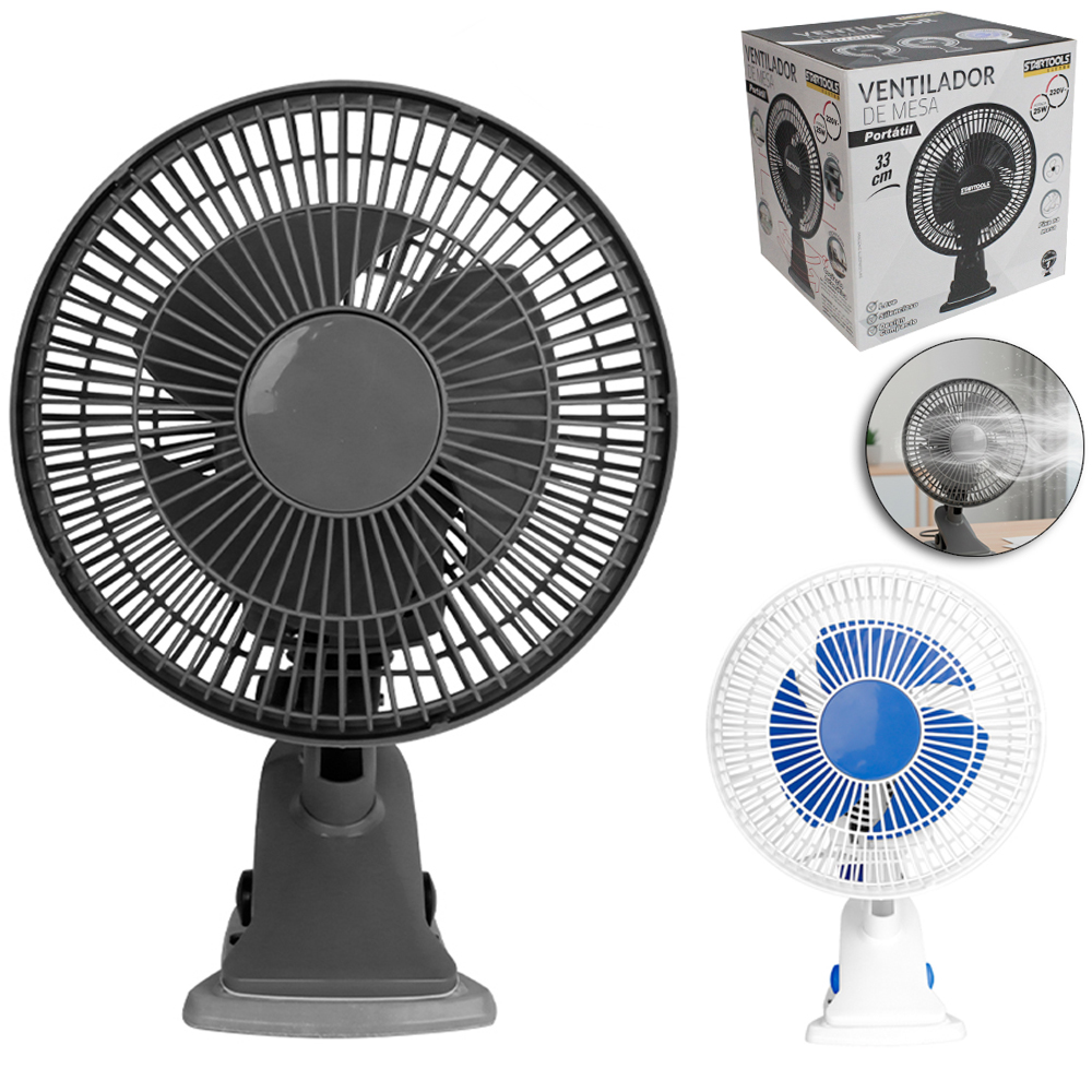 VENTILADOR DE MESA PORTATIL 220V 25W COM BASE PRESILHA DE PLASTICO 33X22X20CM