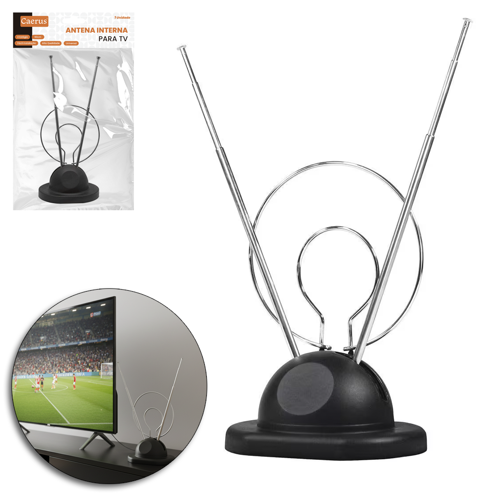 ANTENA DIGITAL INTERNA VHF / UHF / FM 4 ESTAGIOS CABO 60CM