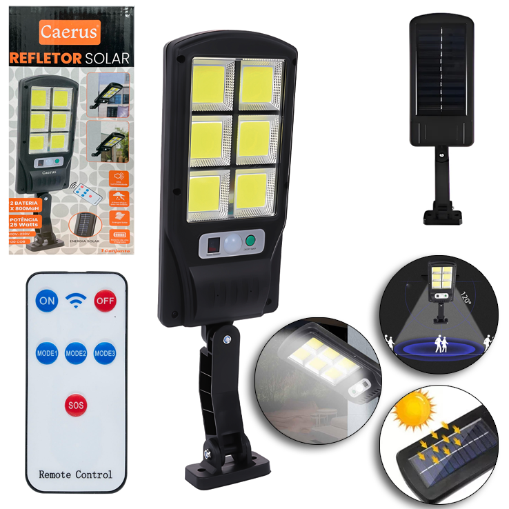 REFLETOR LAMPADA LUMINARIA SOLAR 25W COM SENSOR DE PRESENCA + 120 LEDS COB E CONTROLE