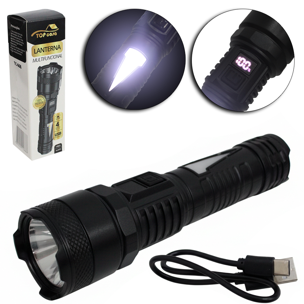 LANTERNA RECARREGAVEL 1 LED COM DISPLAY DE CARGA BATERIA + CABO USB 4 FUNCOES TOP CASA