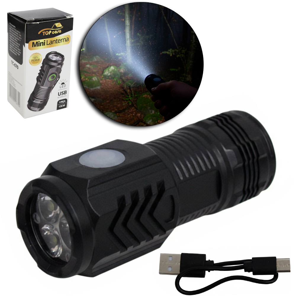 MINI LANTERNA RECAREGAVEL COM 3 LEDS + CABO USB TOP CASA