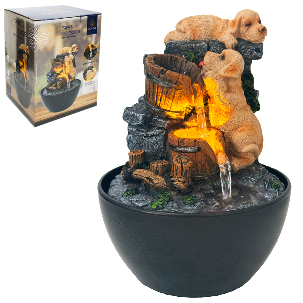 FONTE DE AGUA DECORATIVA DOGS 2 QUEDAS COM LED CASAL REAL BIVOLT 18X13X13CM