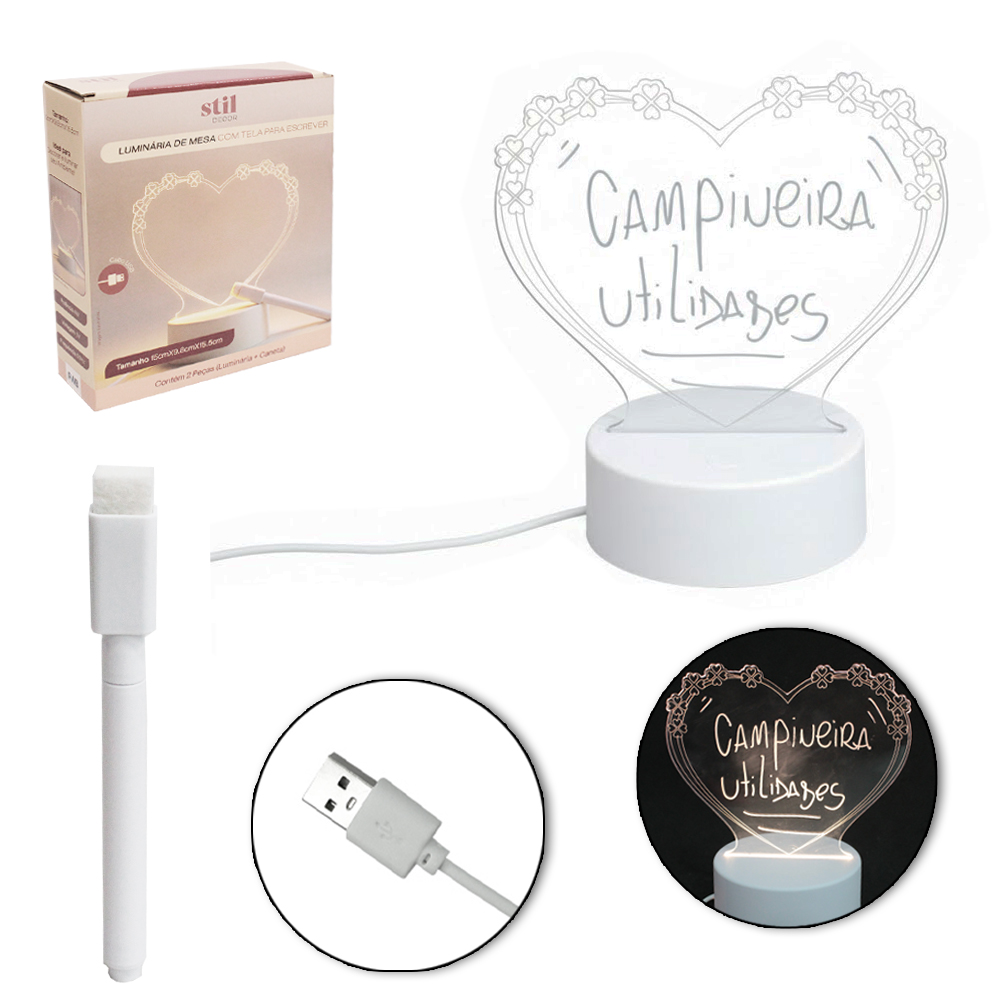 LUMINARIA DE MESA DE LED CORACAO COM TELA PARA ESCREVER + CANETA COM USB 15,5X15X9,8CM