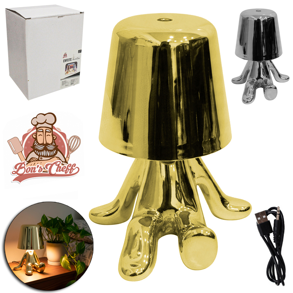 ABAJUR LUMINARIA DE PORCELANA RECARREGAVEL BOB SENTADO MAO PARA TRAS + SENSOR TOUCH USB 16X12CM