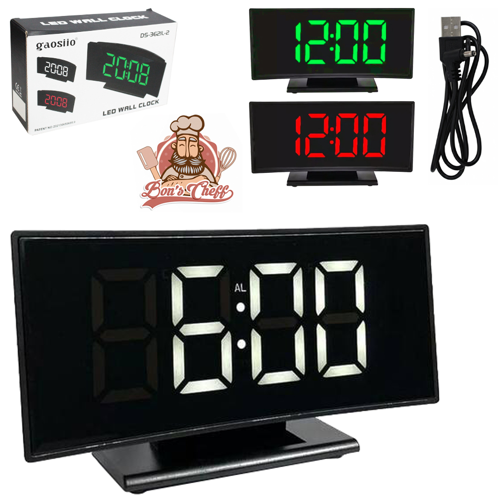 RELOGIO DE MESA / DESPERTADOR DIGITAL CURVADO COM TERMOMETRO + CALENDARIO A PILHA / USB 17X9,5CM