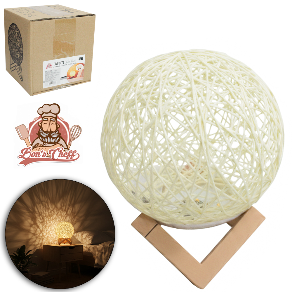 ABAJUR LUMINARIA DE LED CUPULA BOLA DE BARBANTE E BASE PLASTICO CABO USB 13,5CM DE Ø