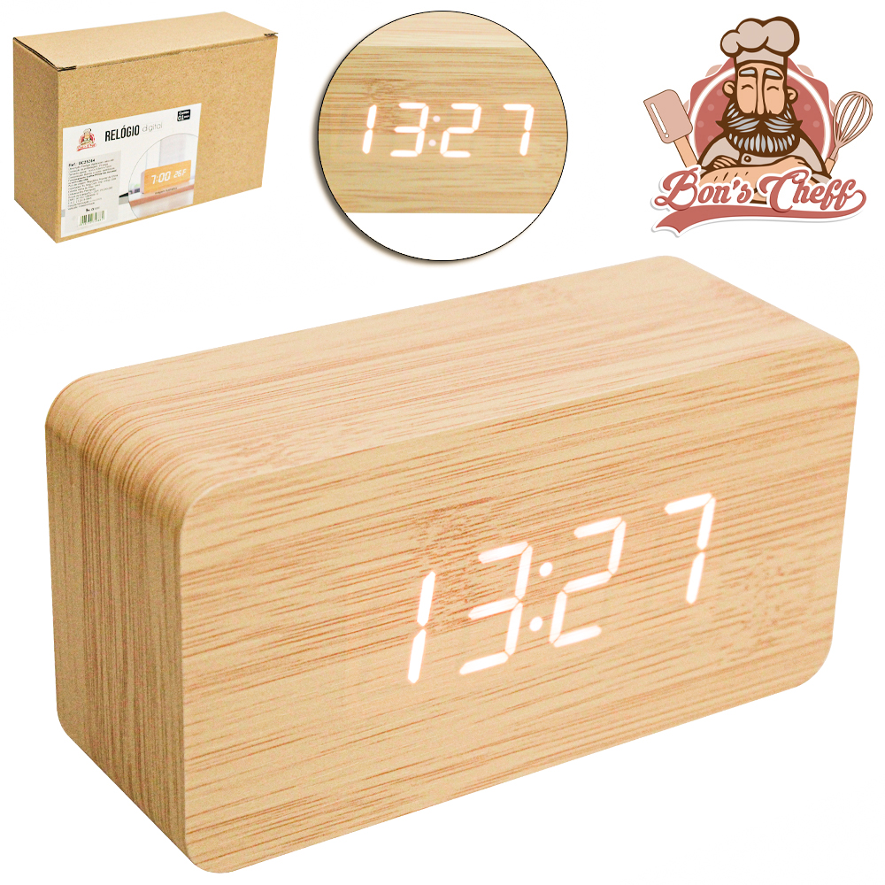 RELOGIO DE MESA / DESPERTADOR DIGITAL TIPO BAMBU COM TERMOMETRO A PILHA / USB 12X6,5CM