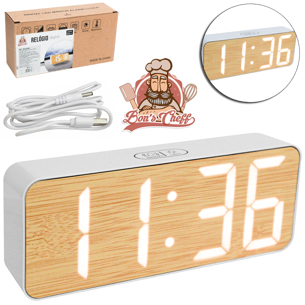 RELOGIO DE MESA / DESPERTADOR DIGITAL TIPO BAMBU COM TERMOMETRO + CALENDARIO A PILHA / USB 14X5,5CM