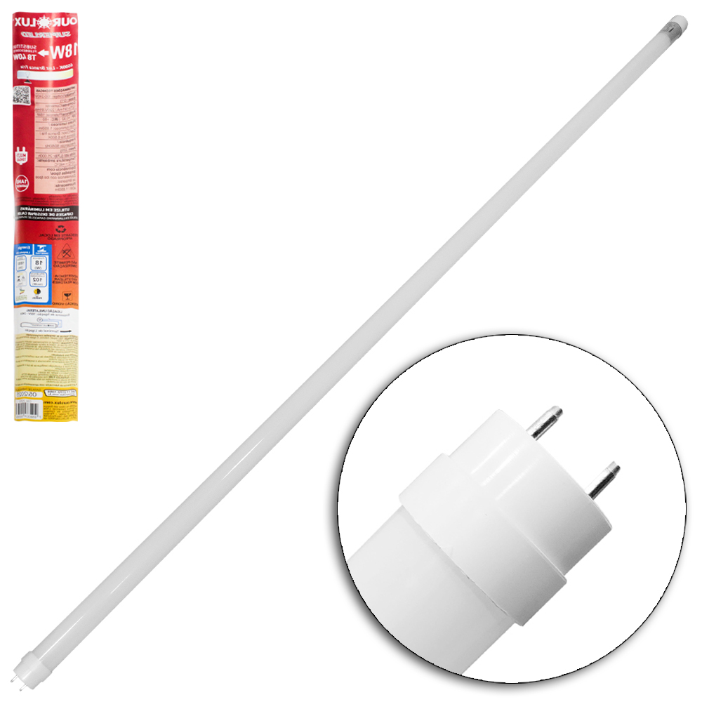LAMPADA TUBULAR DE LED 18W VIDRO T8 120CM 6500K BRANCA FRIA BIVOLT