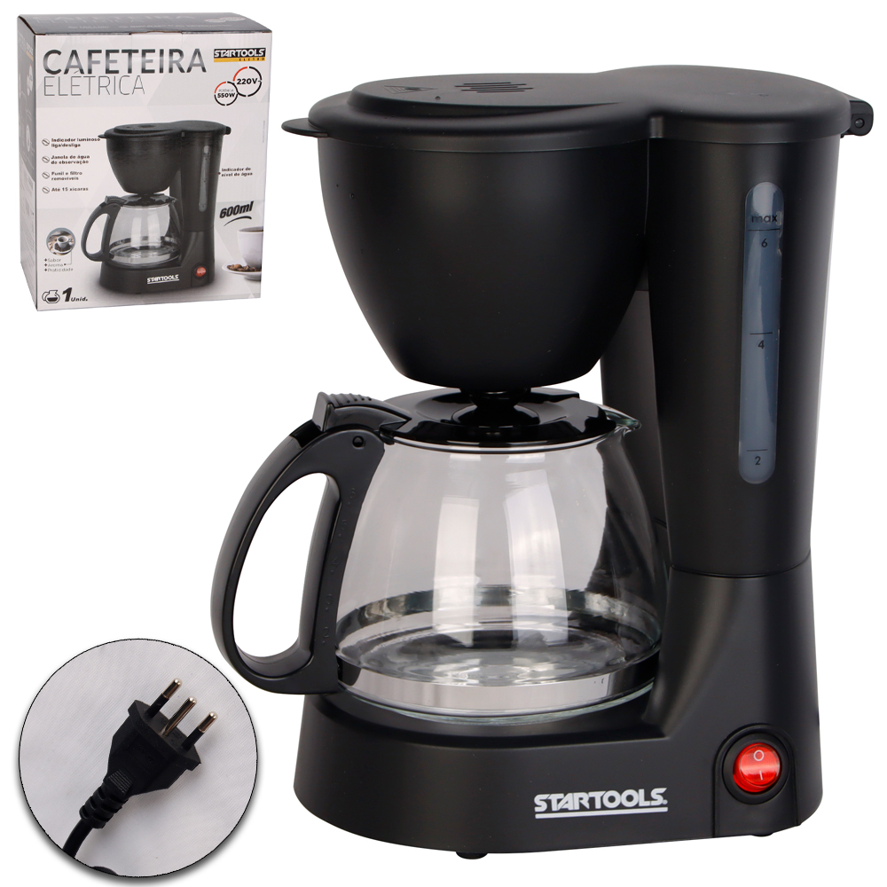 CAFETEIRA ELETRICA 220V 550W 600ML PARA 15 XICARAS COM INDICADOR NIVEL AGUA + JARRA VIDRO E COLHER MEDIDORA