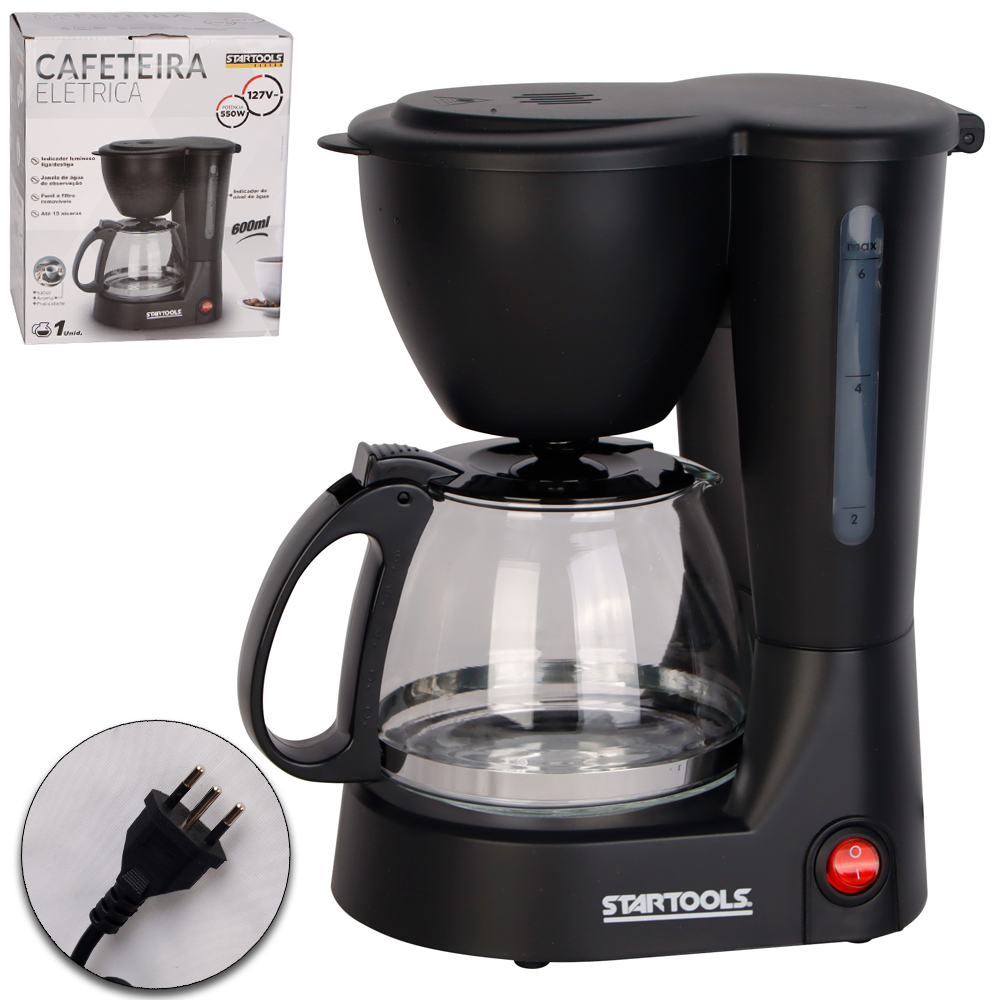 CAFETEIRA ELETRICA 127V 550W 600ML PARA 15 XICARAS COM INDICADOR NIVEL AGUA + JARRA VIDRO E COLHER MEDIDORA