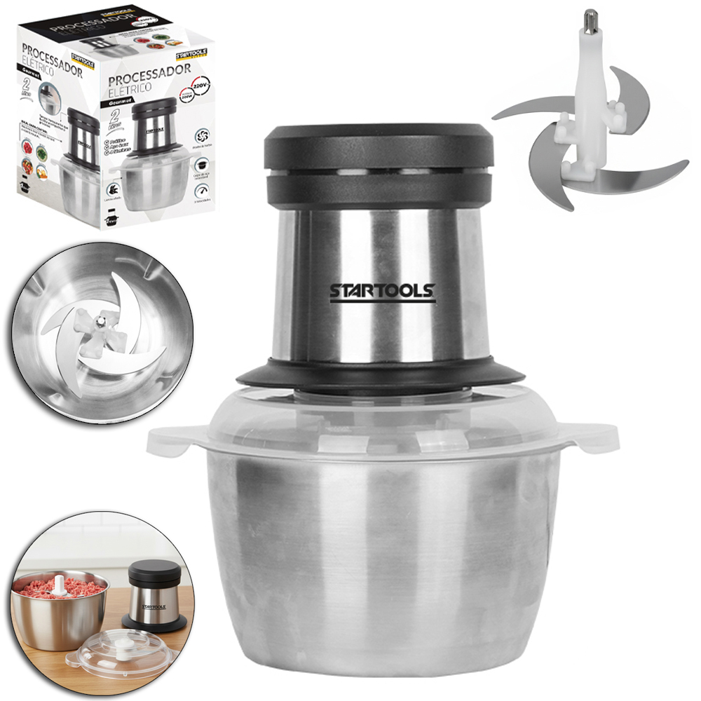 PROCESSADOR DE ALIMENTOS ELETRICO 220V 200W 2L COM 3 VELOCIDADES + 4 LAMINAS DE INOX