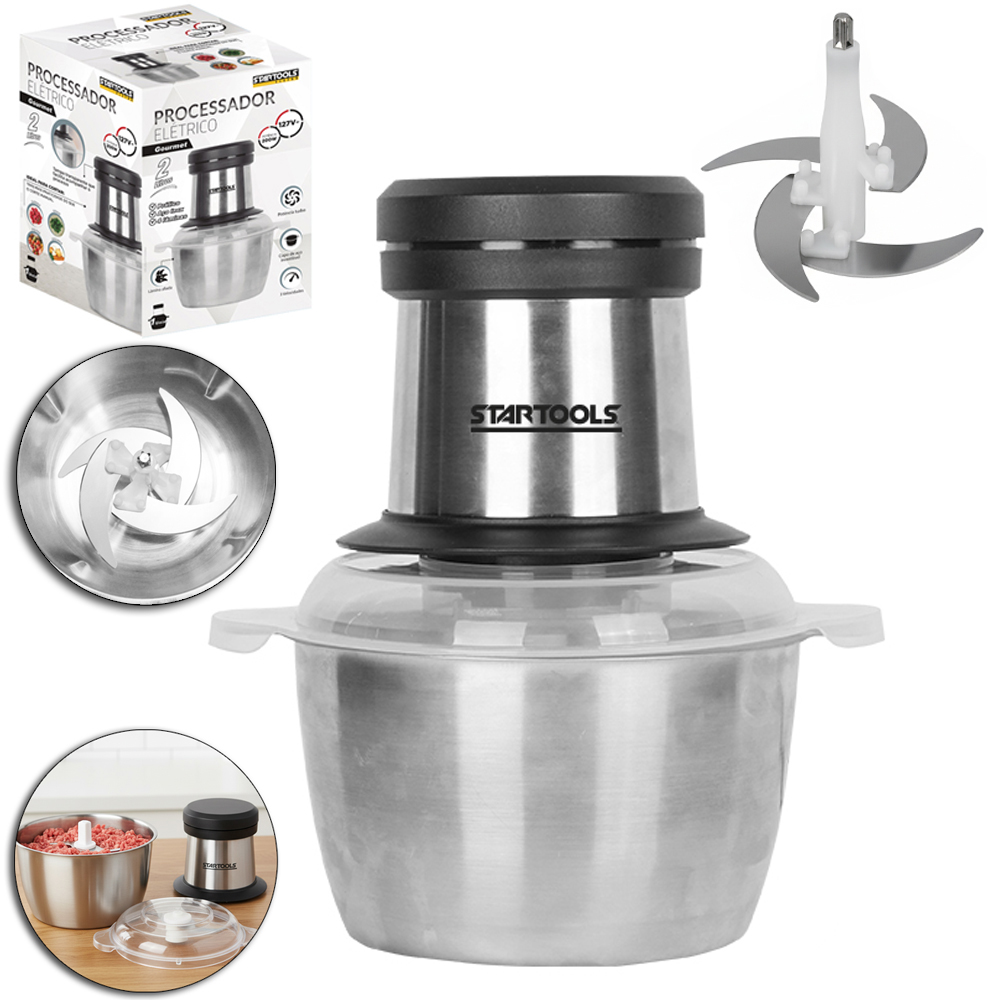 PROCESSADOR DE ALIMENTOS ELETRICO 127V 200W 2L COM 3 VELOCIDADES + 4 LAMINAS DE INOX