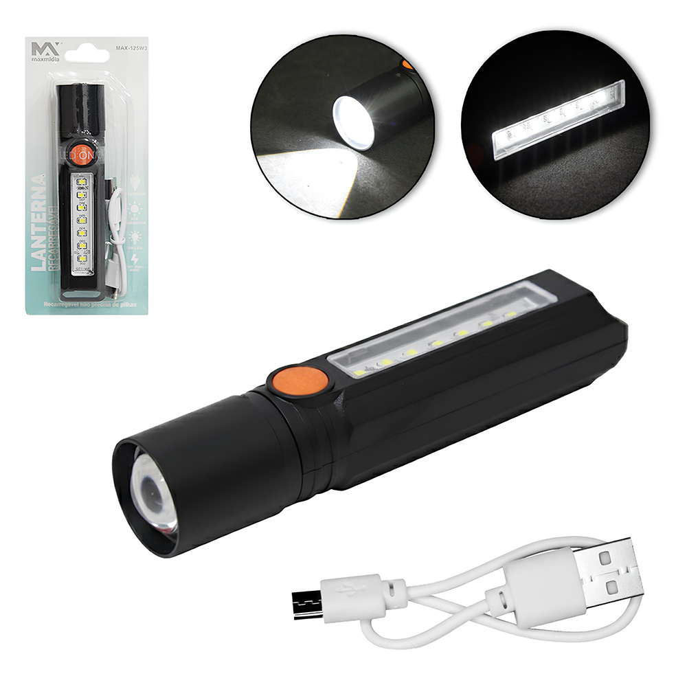 LANTERNA RECARREGAVEL BIVOLT MAXMIDIA COM 8 LEDS + FOCO REGULAVEL E CABO USB