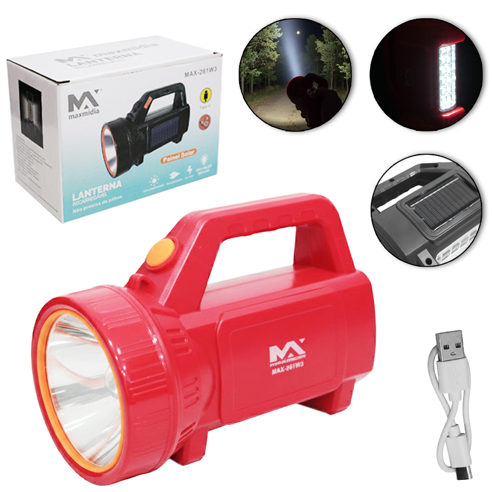 LANTERNA RECARREGAVEL SOLAR / USB MAXMIDIA COM 19 LEDS
