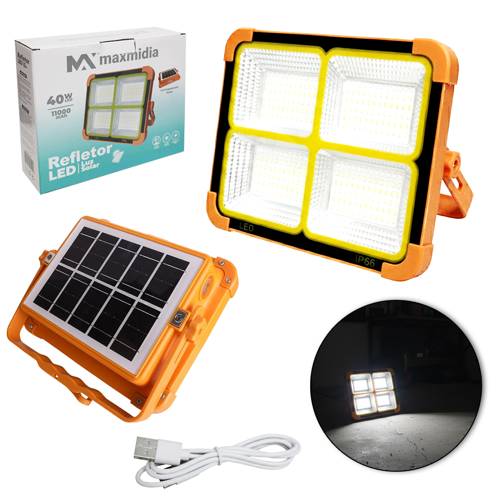 REFLETOR LUMINARIA RECARREGAVEL SOLAR / USB 40W MAXMIDIA COM 288 LEDS