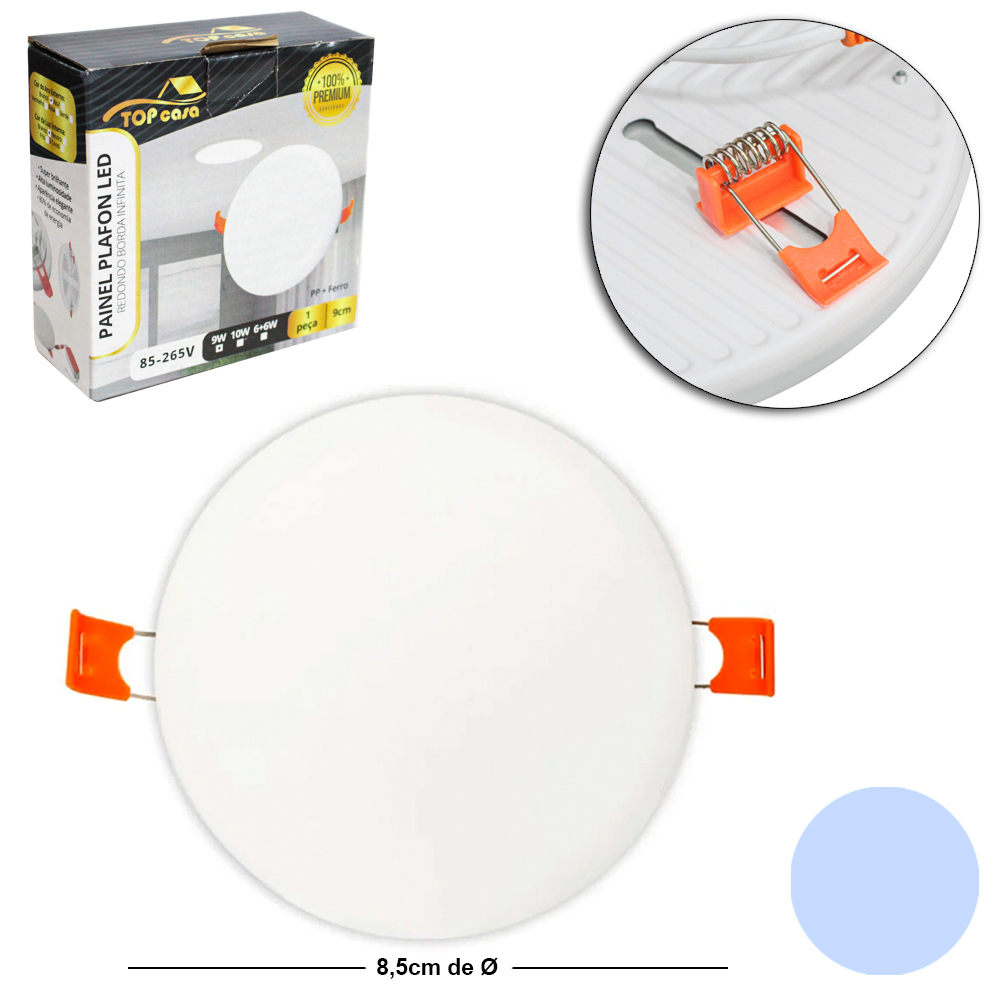 LUMINARIA PAINEL PLAFON LED REDONDO BORDA INFINITA SOBREPOR 9W 6500K BRANCA BIVOLT PREMIUM TOP CASA