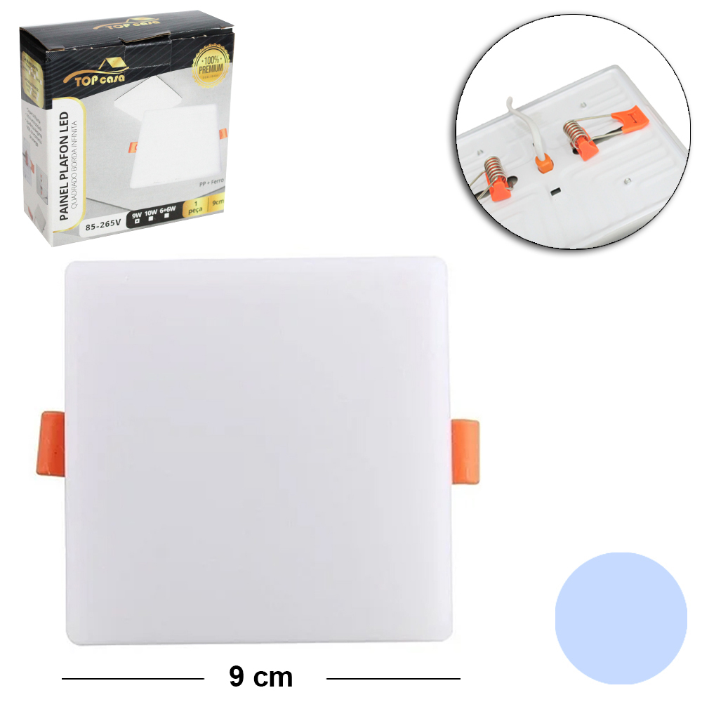 LUMINARIA PAINEL PLAFON LED QUADRADO BORDA INFINITA SOBREPOR 9W 6500K BRANCA BIVOLT PREMIUM TOP CASA