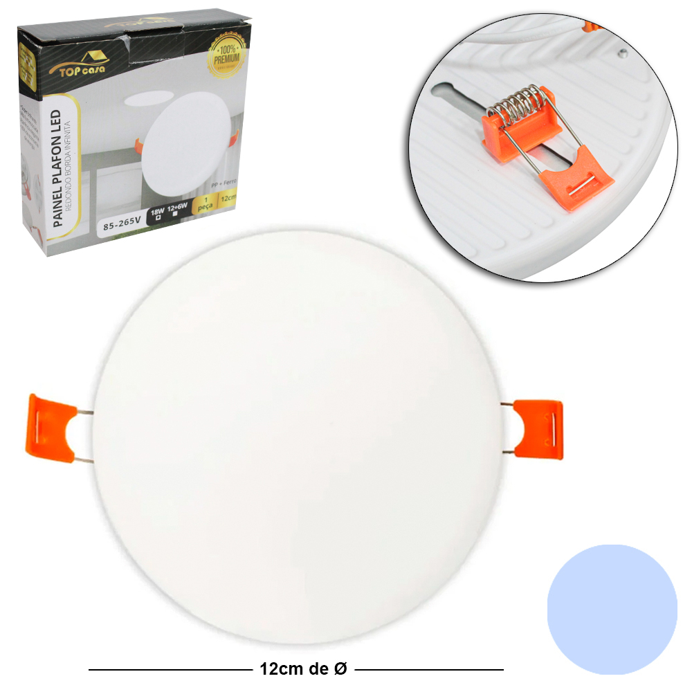 LUMINARIA PAINEL PLAFON LED REDONDO BORDA INFINITA SOBREPOR 18W 6500K BRANCA BIVOLT PREMIUM TOP CASA