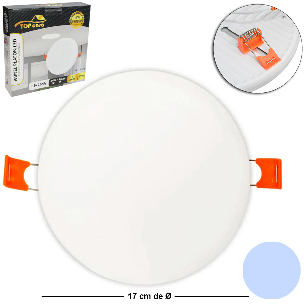 LUMINARIA PAINEL PLAFON LED REDONDO BORDA INFINITA SOBREPOR 24W 6500K BRANCA BIVOLT PREMIUM TOP CASA