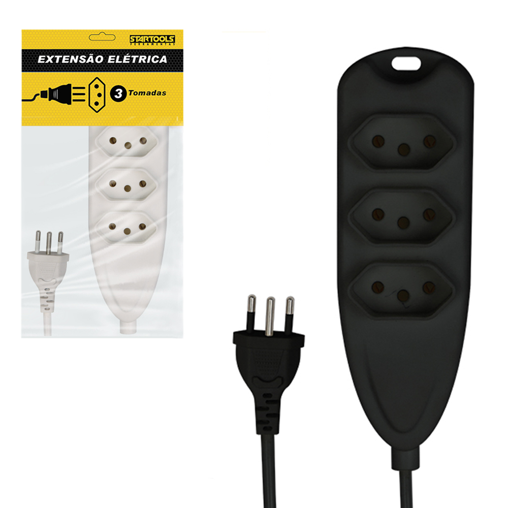 EXTENSAO FILTRO DE LINHA BRANCO / PRETO 1M COM 3 TOMADAS TRIPOLAR BIVOLT CABO PP