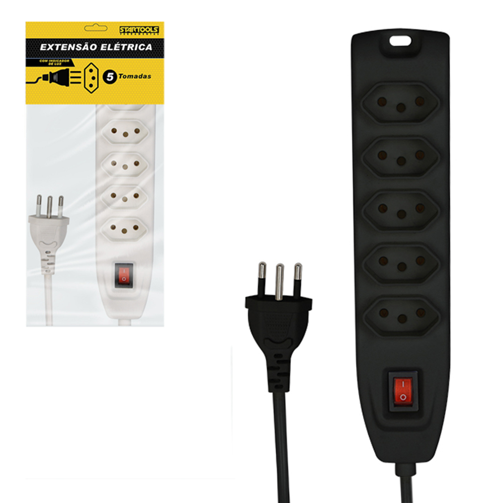 EXTENSAO FILTRO DE LINHA BRANCO / PRETO 1M COM 5 TOMADAS TRIPOLAR BIVOLT CABO PP