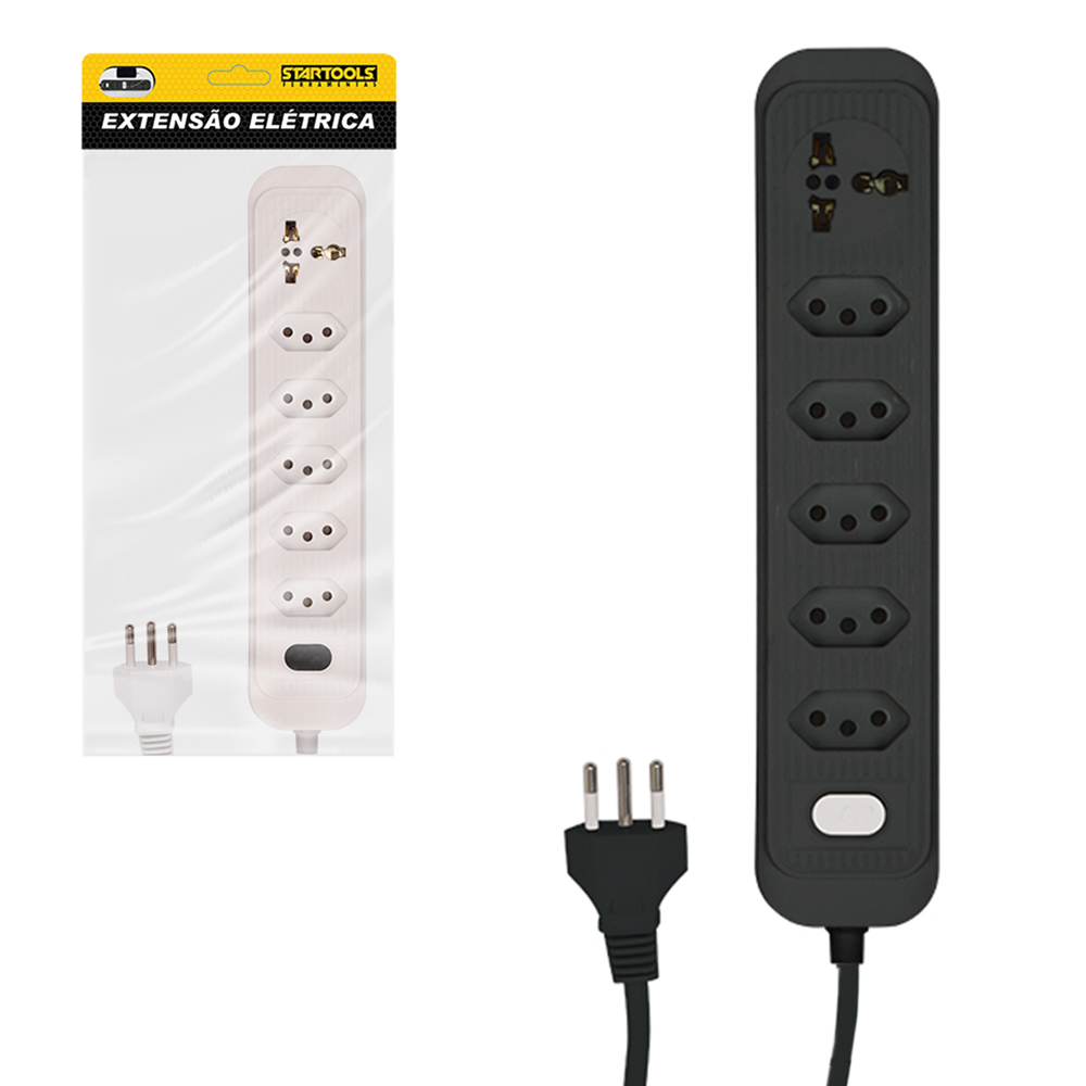 EXTENSAO FILTRO DE LINHA BRANCO / PRETO 2M COM 5 TOMADAS + 1 UNIVERSAL TRIPOLAR BIVOLT CABO PP