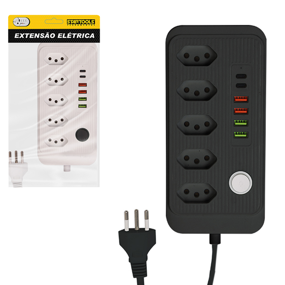 EXTENSAO FILTRO LINHA BRANCO / PRETO 2M COM 5 TOMADAS TRIPOLAR + 4 SAIDAS USB E 2 TIPO C BIVOLT CABO PP