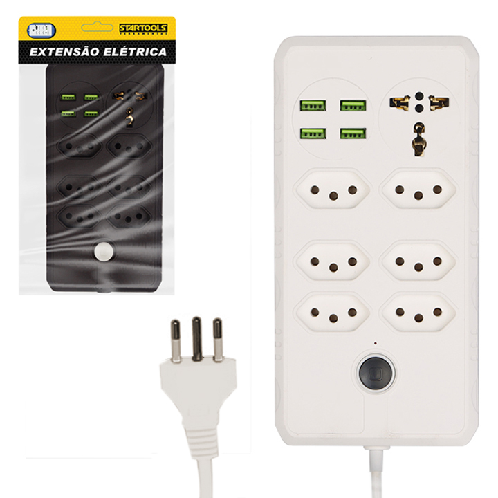 EXTENSAO FILTRO LINHA BRANCO / PRETO 2M COM 6 TOMADAS + 1 UNIVERSAL TRIPOLAR E 4 SAIDAS USB BIVOLT CABO PP