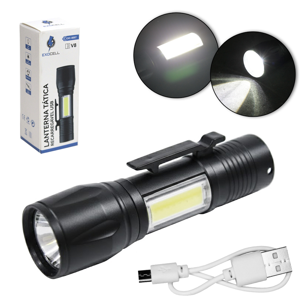 LANTERNA RECARREGAVEL COM 2 LEDS + FOCO REGULAVEL E CABO USB EXOCELL