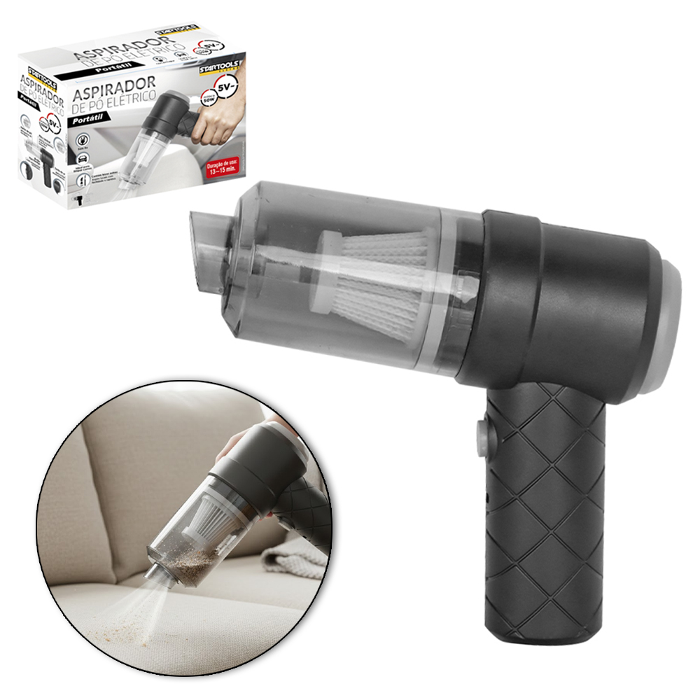 ASPIRADOR DE PO ELETRICO AUTOMOTIVO PORTATIL RECARREGAVEL 5V 25W COM FILTRO + BICO E ESCOVA PARA FRESTAS E CABO USB