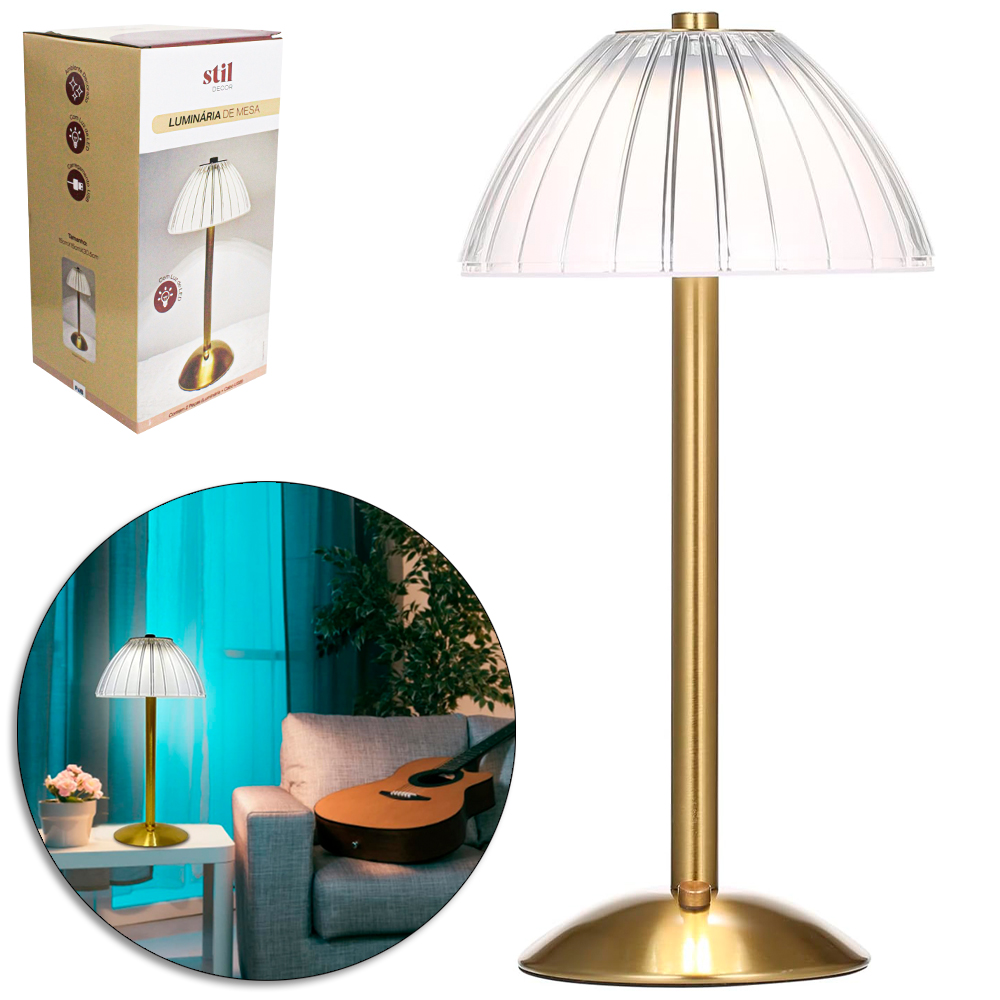 ABAJUR LUMINARIA DE MESA ACRILICO / METAL RECARREGAVEL COM 20 LEDS + SENSOR TOUCH E CABO USB STIL DECOR 30,5X15CM DE Ø