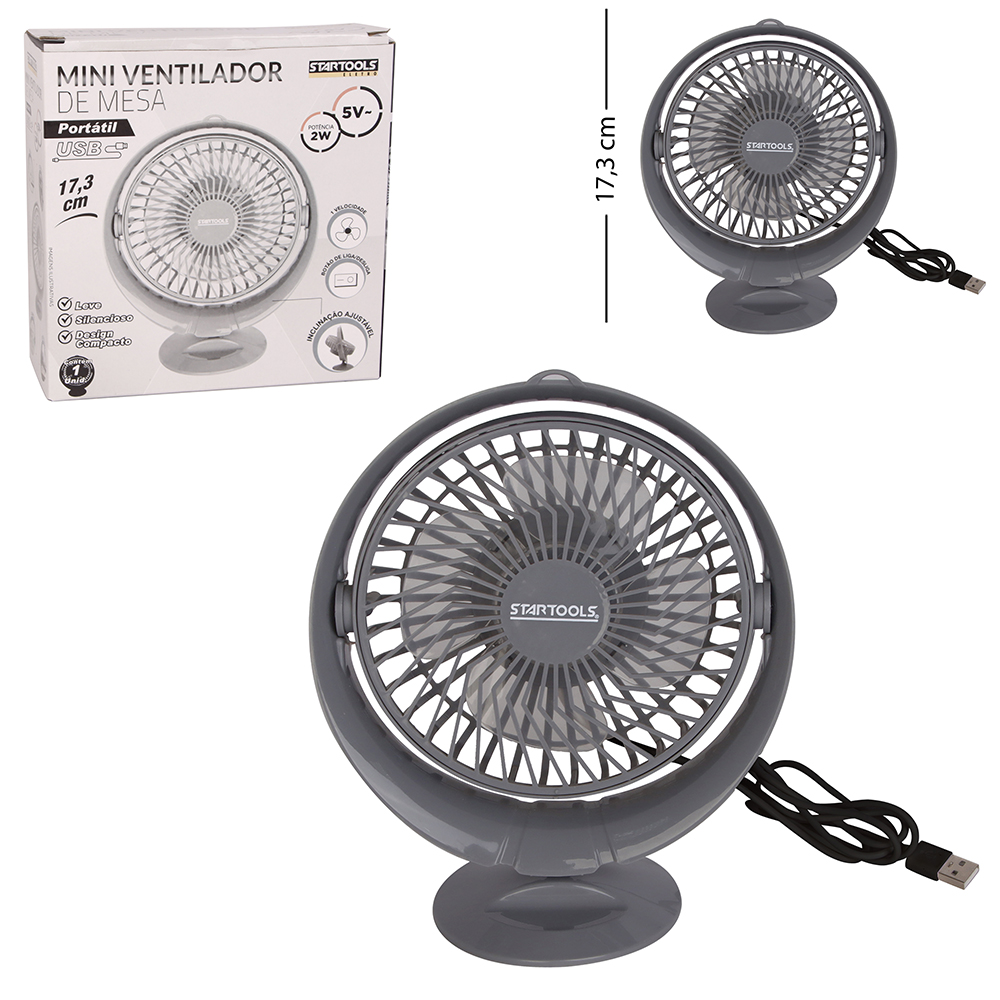 MINI VENTILADOR DE MESA PORTATIL 5V 2W INCLINAVEL COM 1 VELOCIDADE + BASE DE PLASTICO USB CINZA