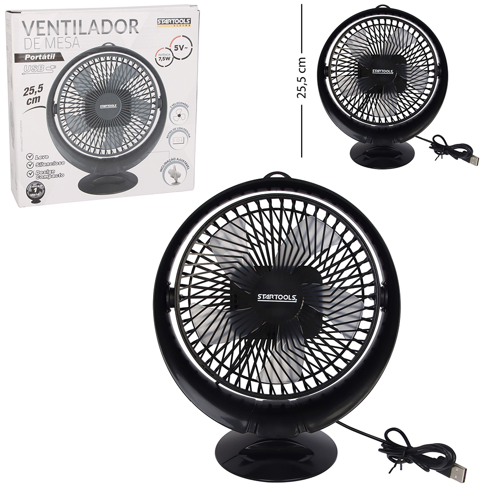 VENTILADOR DE MESA PORTATIL 5V 7,5W INCLINAVEL COM 2 VELOCIDADES + BASE DE PLASTICO USB PRETO
