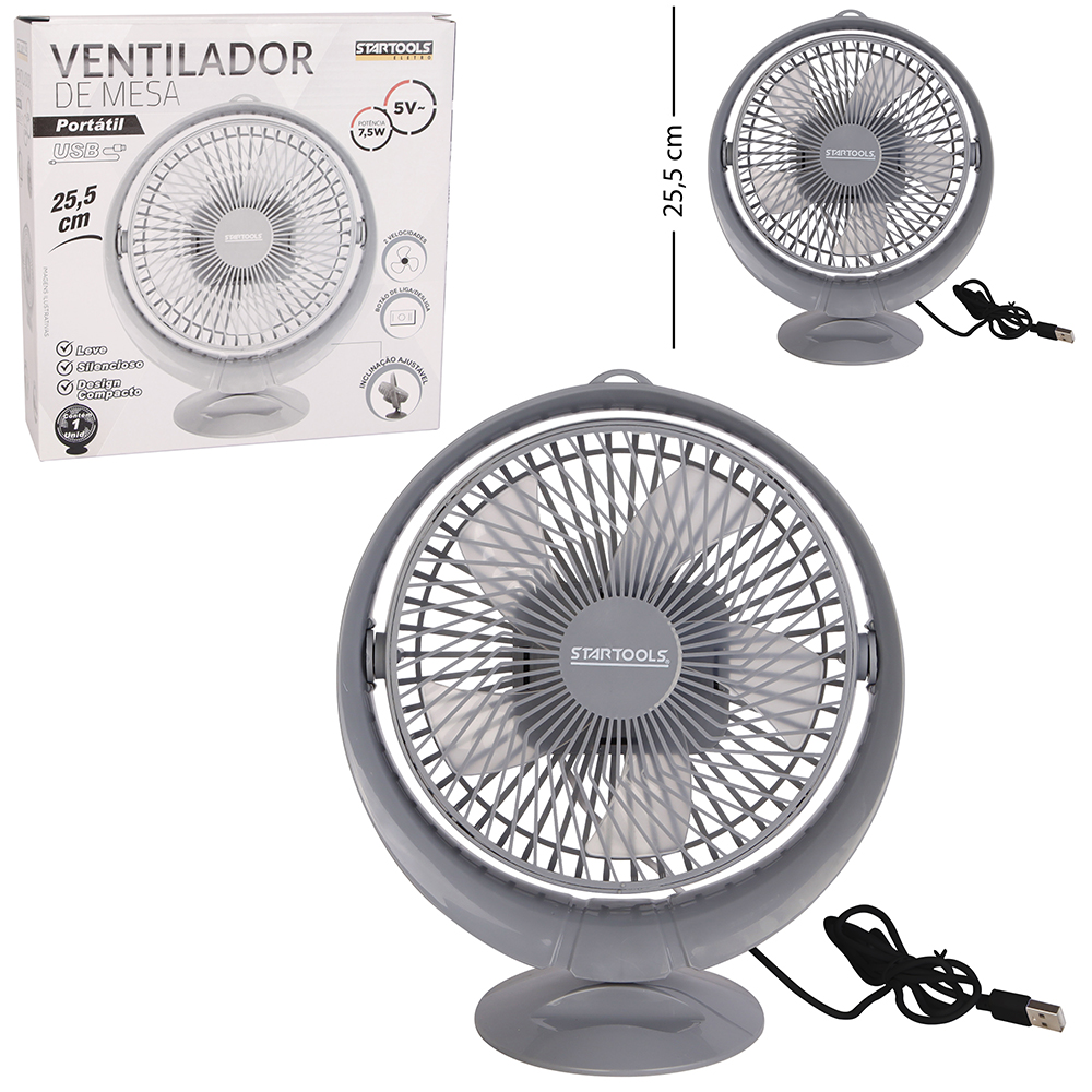 VENTILADOR DE MESA PORTATIL 5V 7,5W INCLINAVEL COM 2 VELOCIDADES + BASE DE PLASTICO USB CINZA